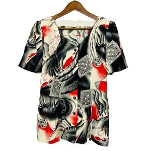 Vintage 80s Scallop Neck Blouse Button Up Short Sleeve Black Red - M